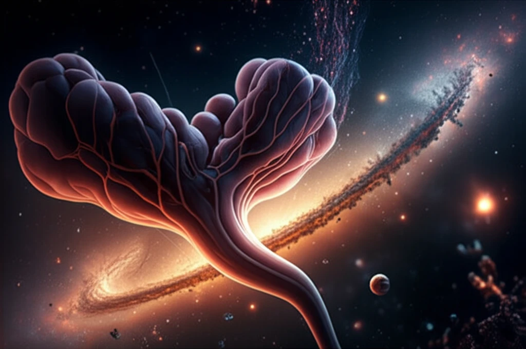 Umbilicus transforming into a galaxy, symbolizing cancer spread.