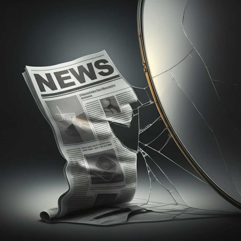 Distorted reflection of a news article in a shattered mirror.