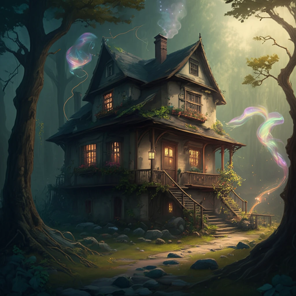 Surreal illustration of a house with colorful energy streams and a subtle hidden Markov model diagram.