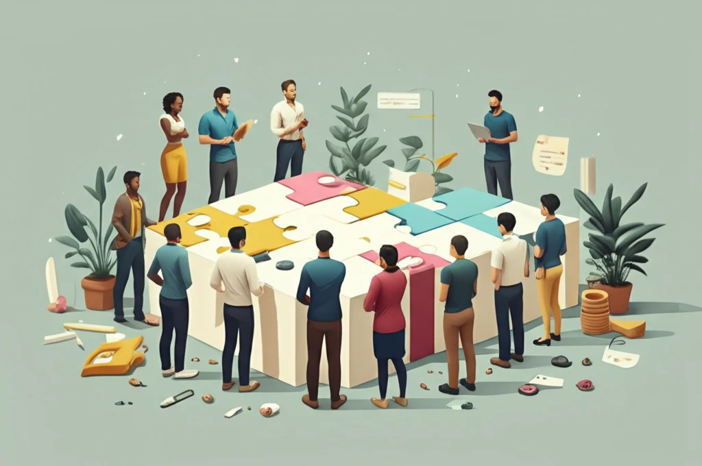 A diverse group of people collaboratively building a community center from puzzle pieces, representing the impact of social enterprises.
