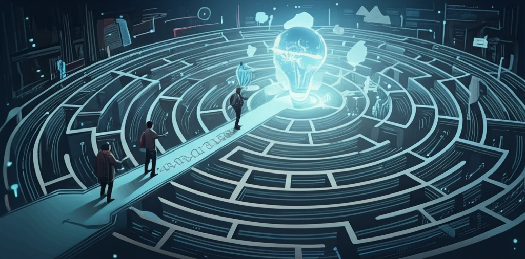 A student navigating the challenges of graduate school with guidance from mentors and symbols of research and learning.