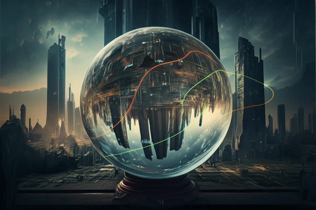 Crystal ball with product demand curves over a futuristic cityscape.