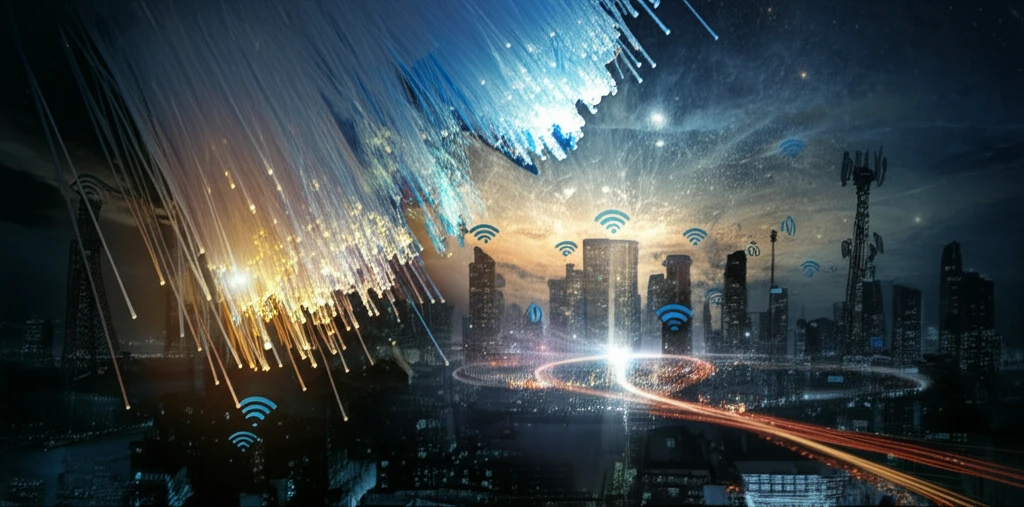 Radio over Fiber technology merging wired and wireless communication in a futuristic cityscape.