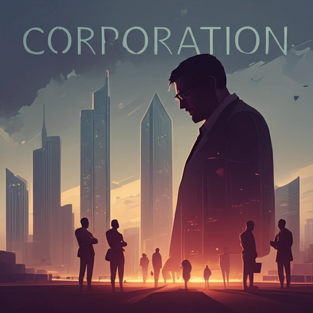 Surreal illustration of workers overshadowed by a corporation in Riyadh, symbolizing labor injustice in Saudi Arabia.
