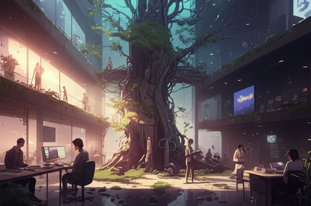 Diverse employees working in an eco-friendly office with a tree, symbolizing corporate philanthropy.