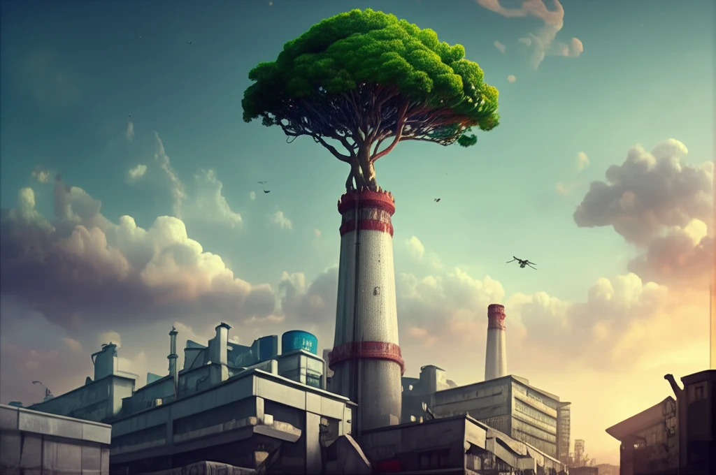 Eco-Innovation: A tree growing out of a factory smokestack, symbolizing the blend of nature and industry.