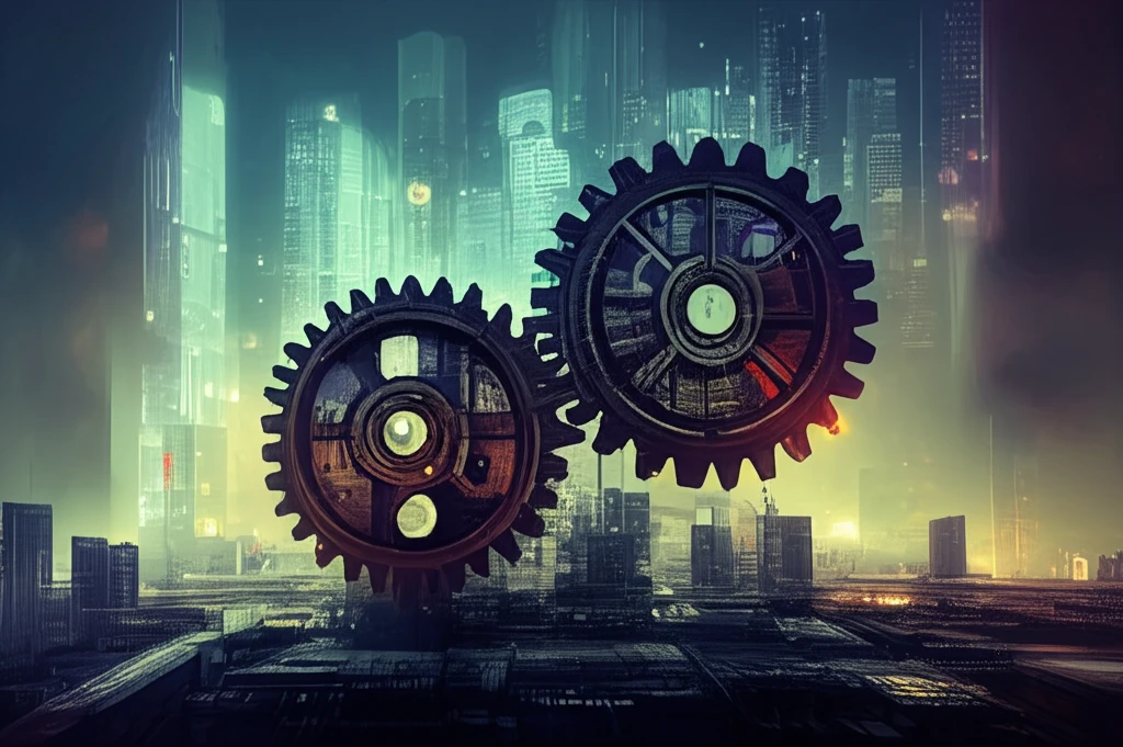 Gears merging in futuristic cityscape symbolizing strategic partnerships.