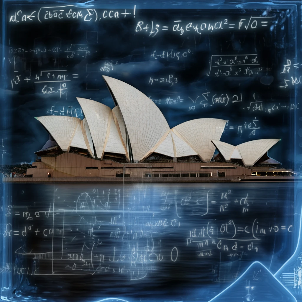 Surreal image of the Sydney Opera House with floating blueprints and equations