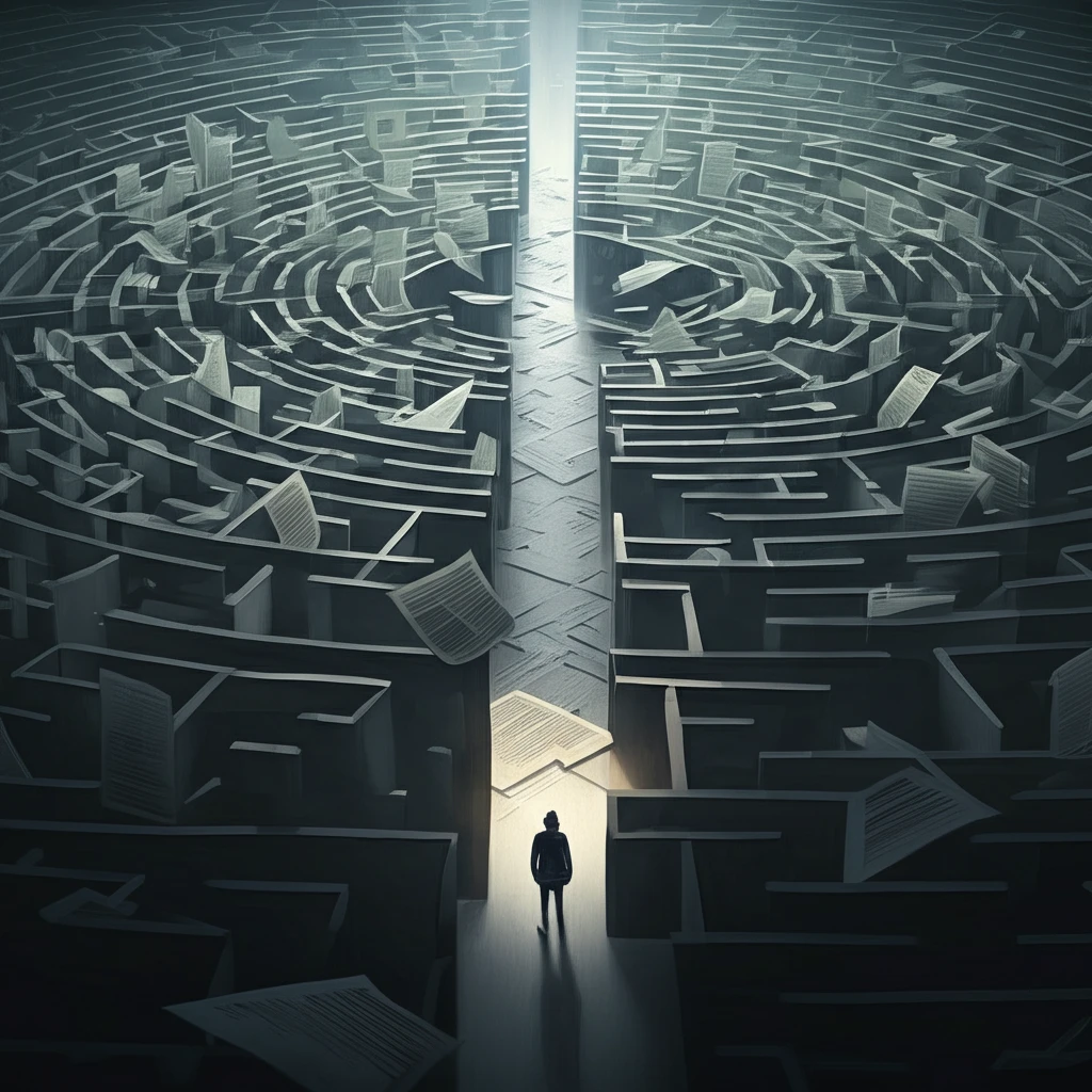 Person navigating a complex welfare system maze.