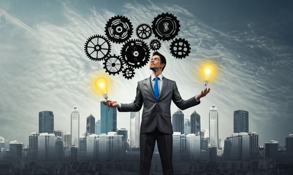 A person skillfully juggling gears and lightbulbs, symbolizing the balance of exploitation and exploration in a dynamic career landscape.