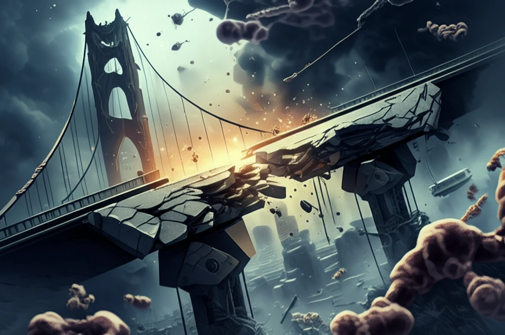Surreal illustration of a collapsing bridge with microscopic material breakdowns.