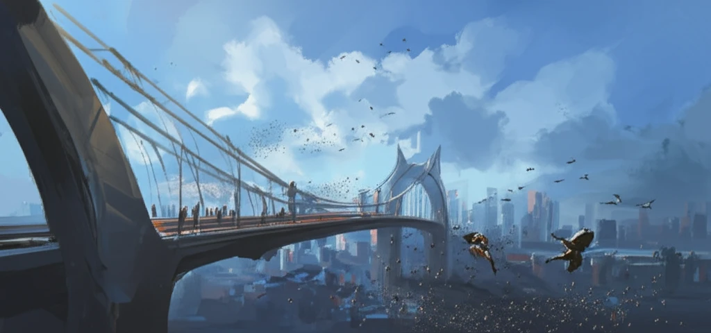 Futuristic bridge being maintained by swarm robots.