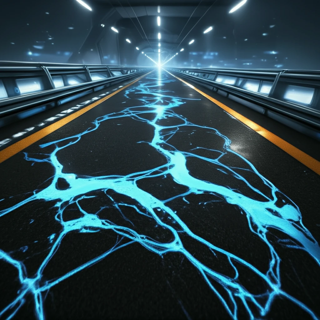 Futuristic highway paved with innovative asphalt emulsion technology.