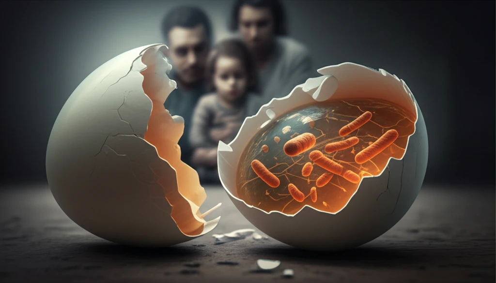 Image of an egg cracked open with salmonella bacteria visible, representing the risk of foodborne illness.