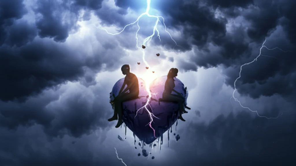 A fractured heart-shaped island with a couple separated by a crack, symbolizing burnout and emotional disconnect in marriage.