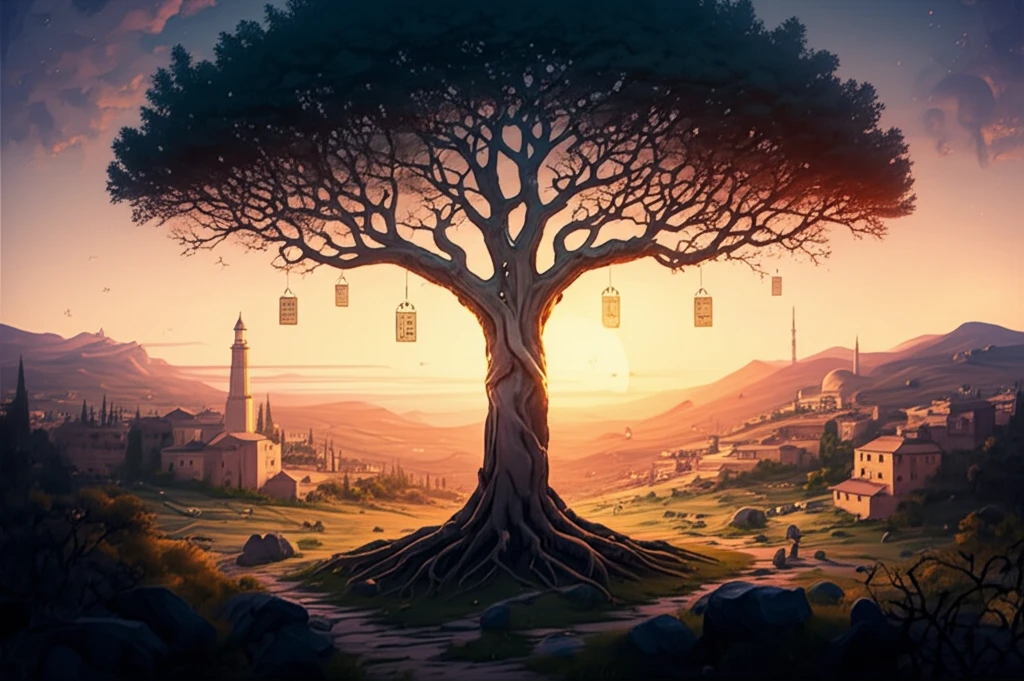 Stylized tree with proverbs on engraved plaques, representing Kurdish and Farsi cultural wisdom.