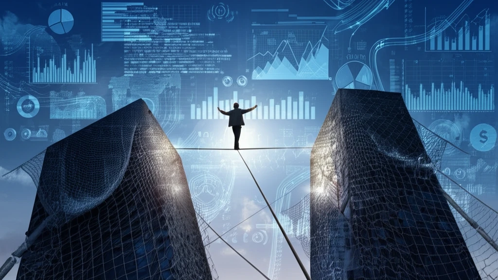 Tightrope walker with guardbands, symbolizing risk management.
