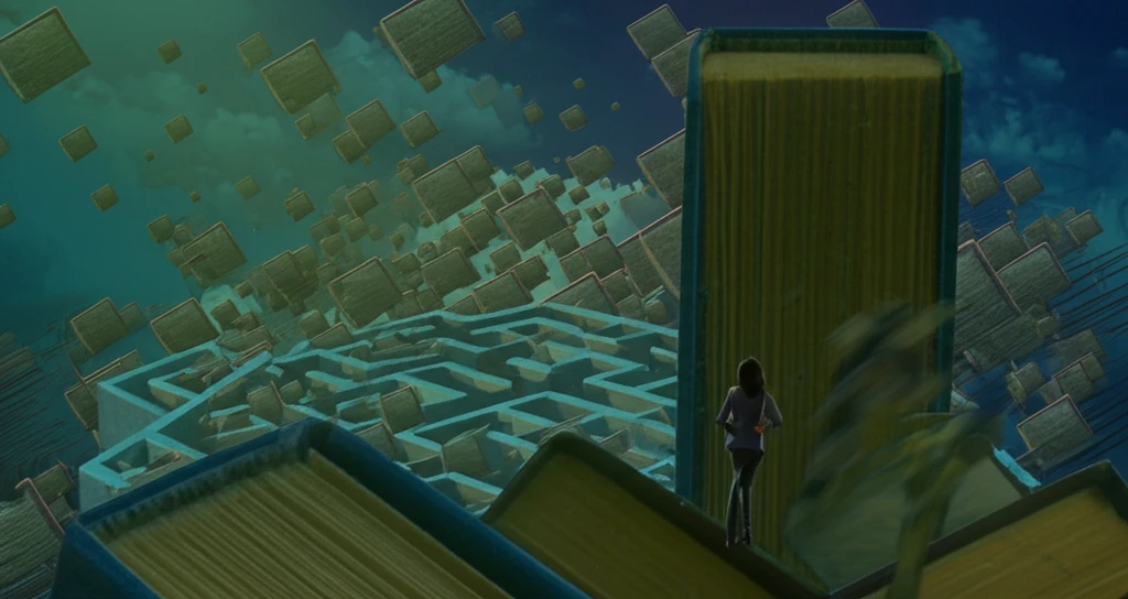 A teacher navigating a maze of textbooks, symbolizing the challenges of the profession.