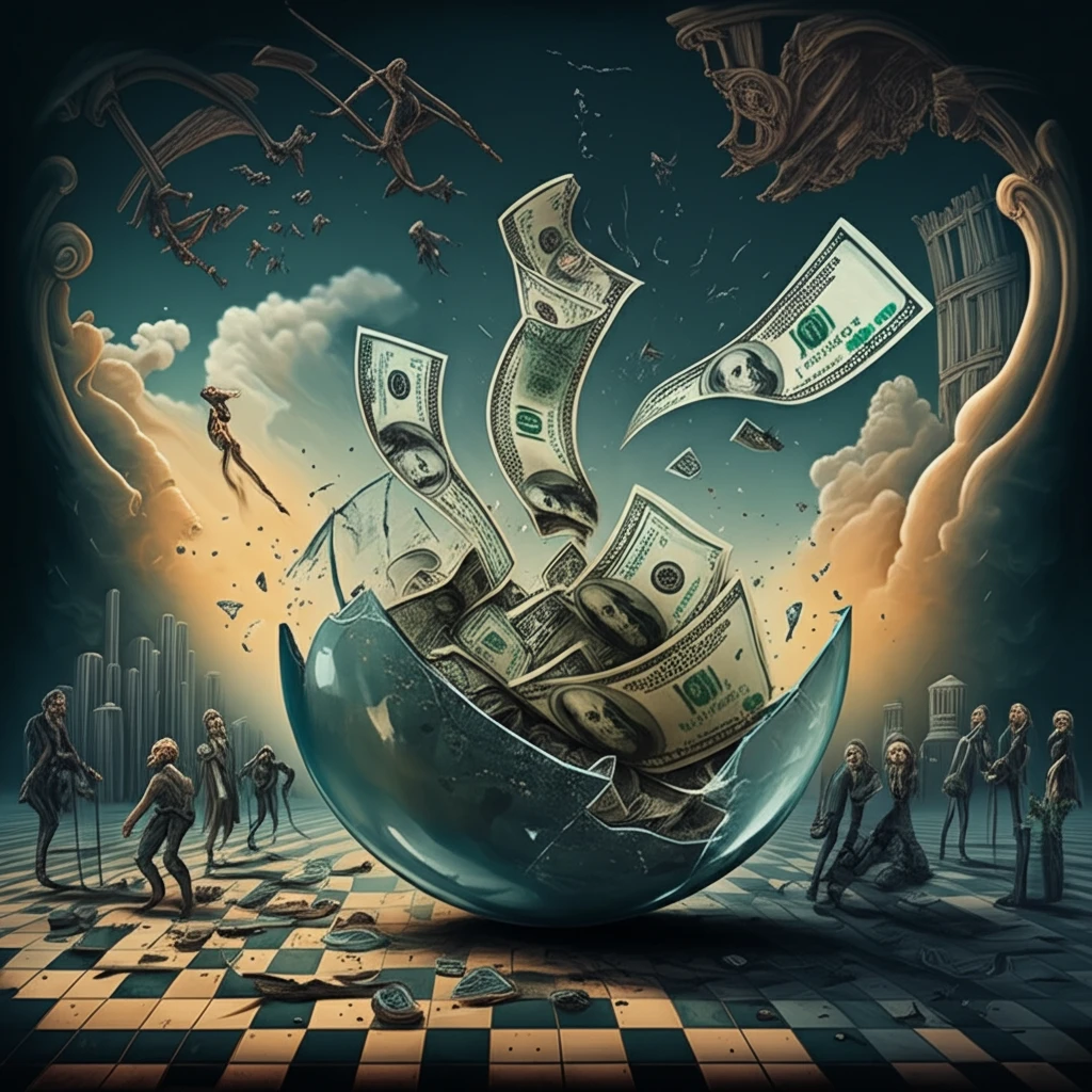 Shattered globe with money flowing out, symbolizing the financial crisis.