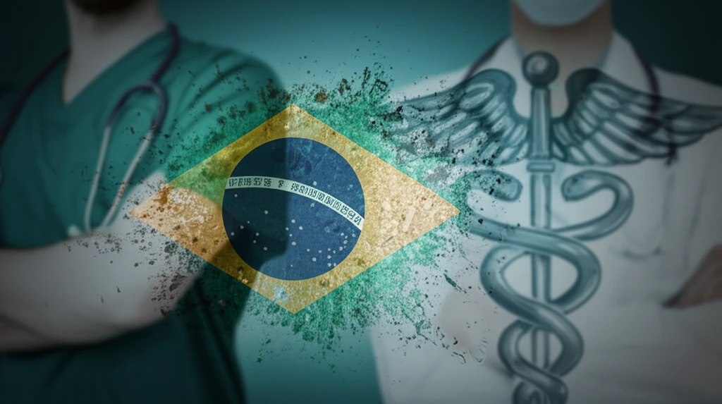 Brazilian flag transforming into medical symbol, representing healthcare challenges in the country.