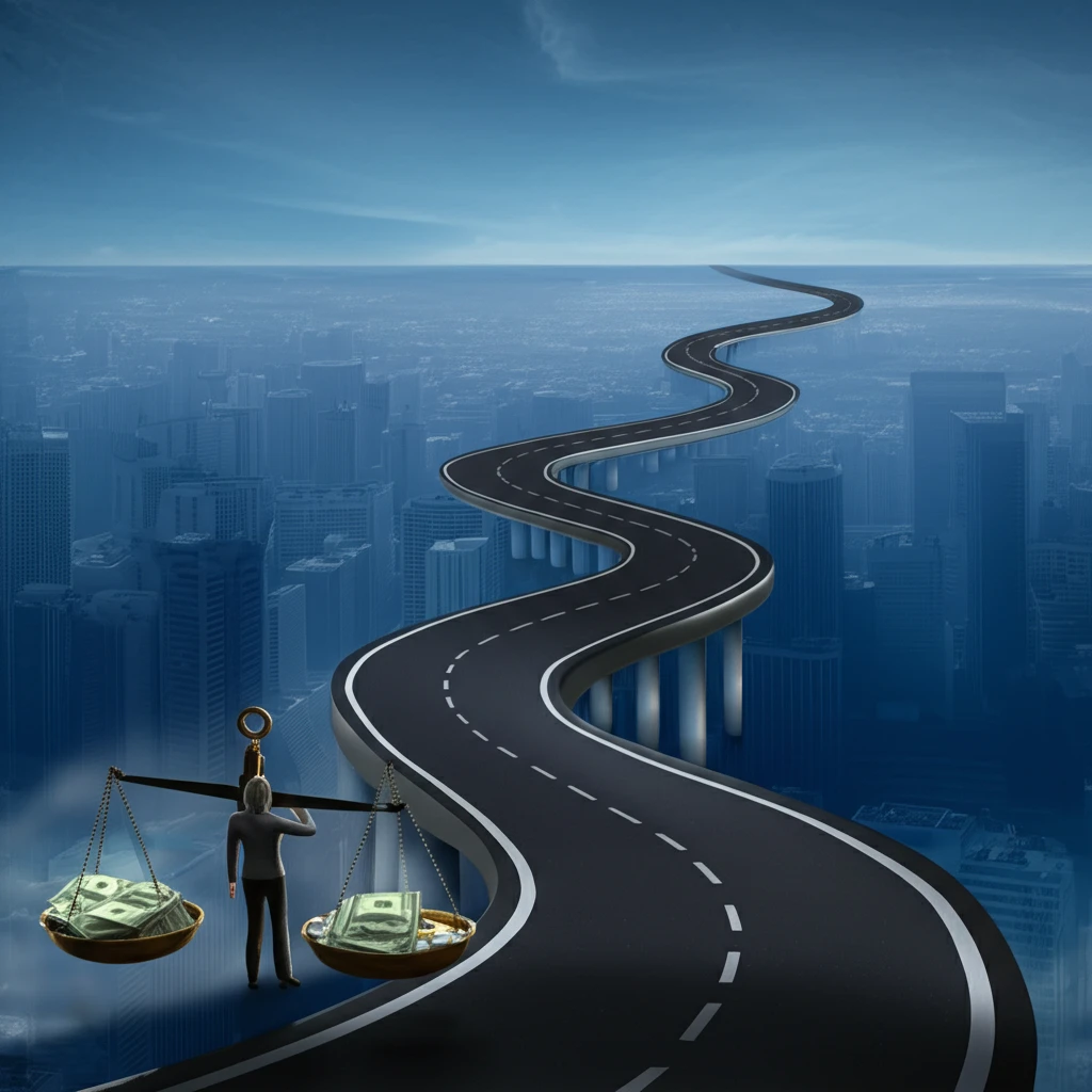 A complex healthcare system depicted as a road with balance scales between money and medicine.