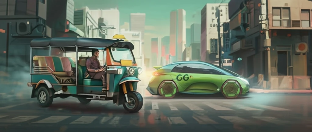 A vibrant Bangkok street scene symbolizing the transition to green technology.