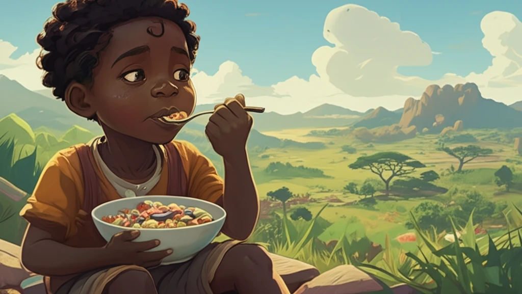 A child enjoys a protein-rich cereal bowl in a vibrant African setting, symbolizing nourishment and hope.