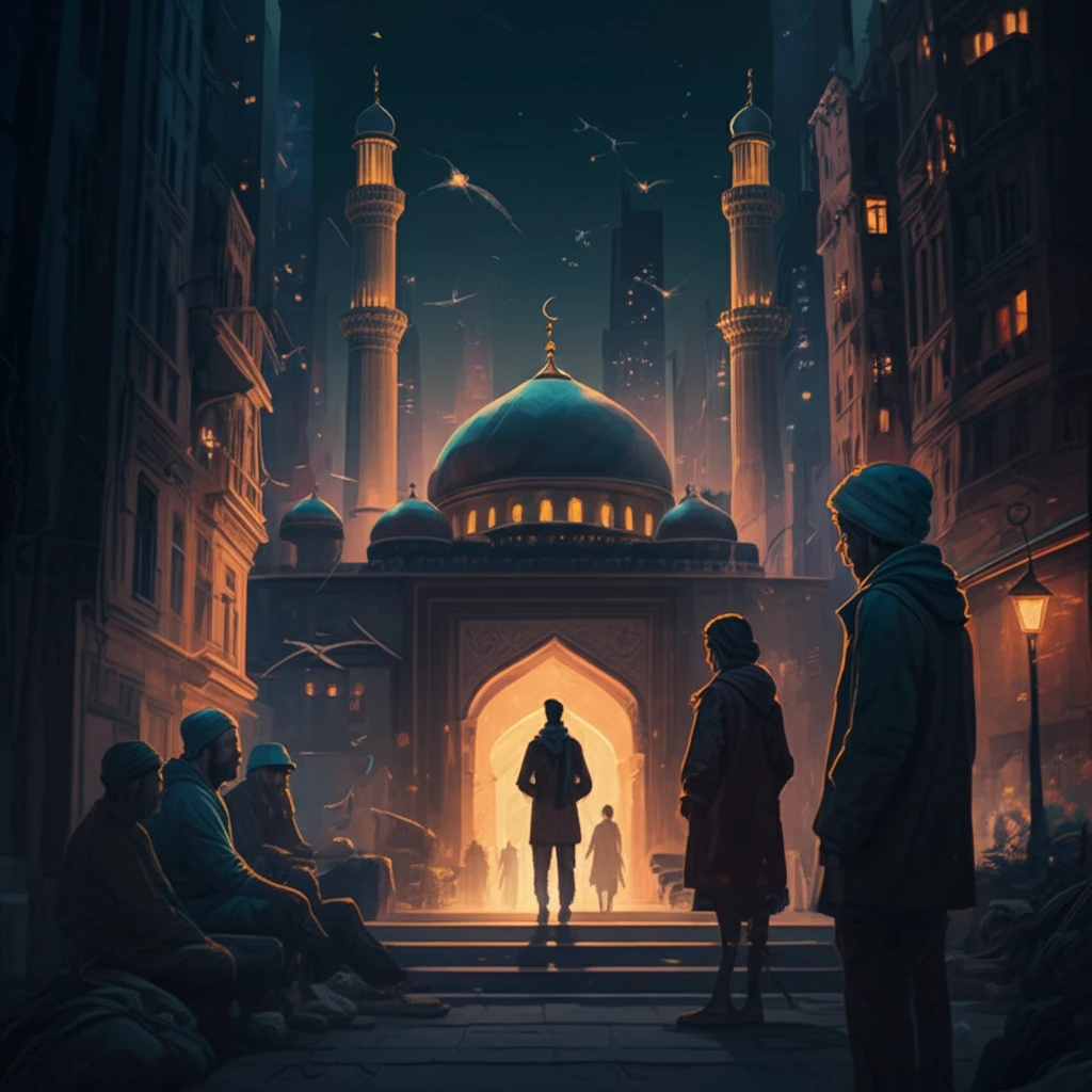 Diverse migrant workers gather at a brightly lit Russian mosque, symbolizing cultural integration and hope.