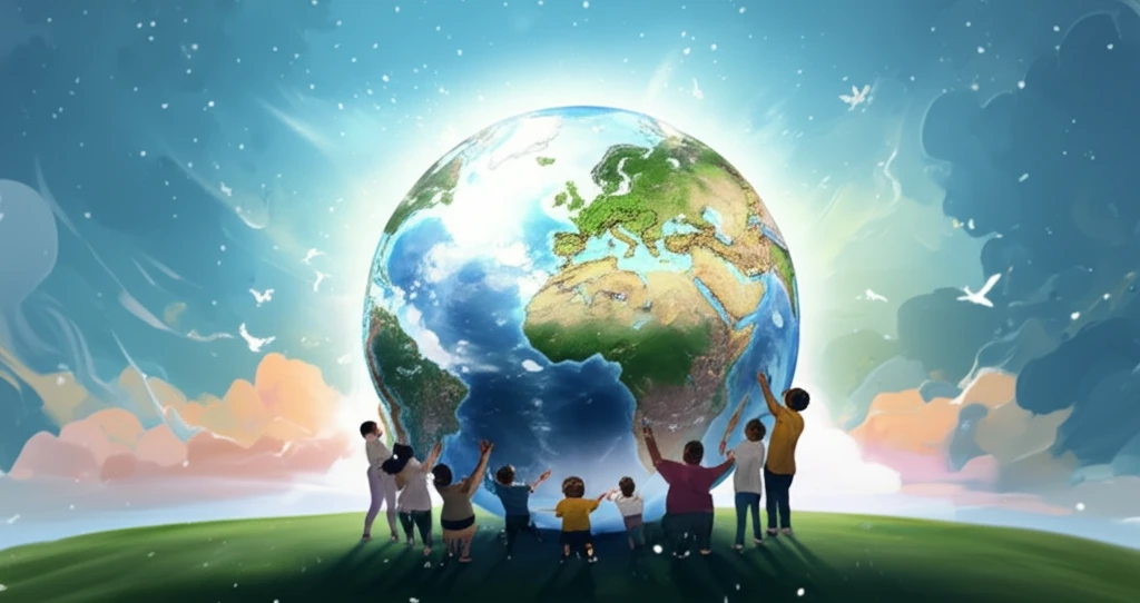 Diverse group collaboratively holding healthy Earth, symbolizing global environmental cooperation.