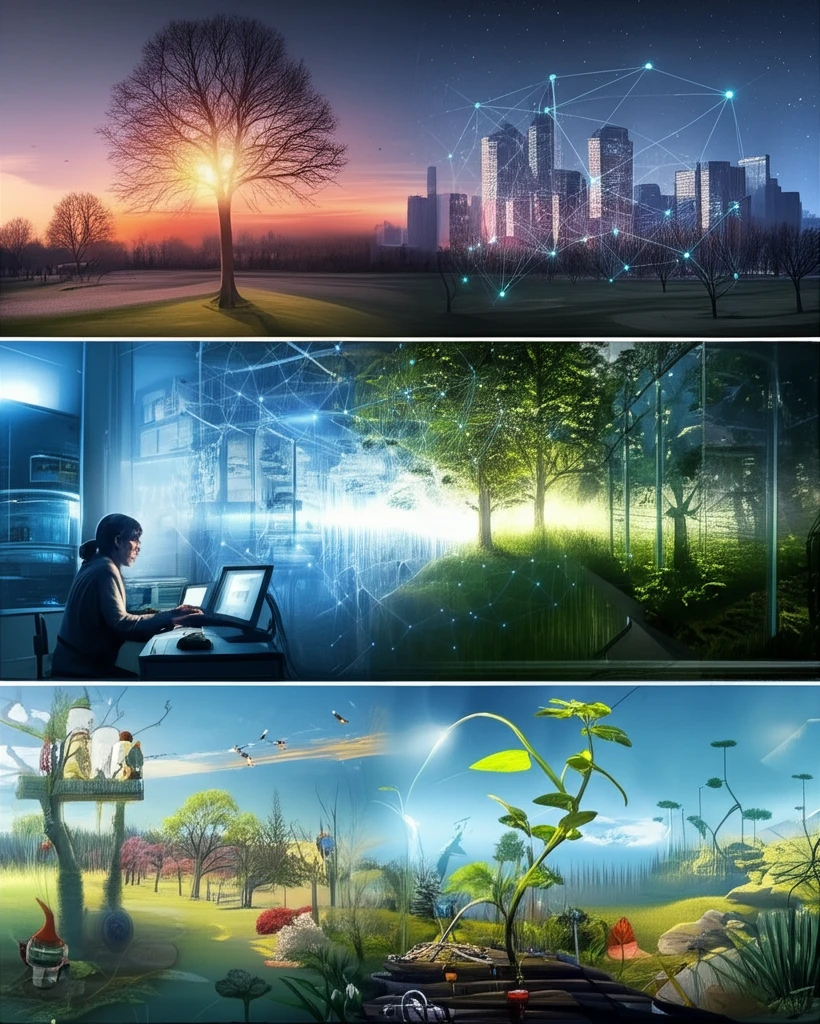 Three distinct science park landscapes merging seamlessly, showcasing the diversity of innovation hubs.