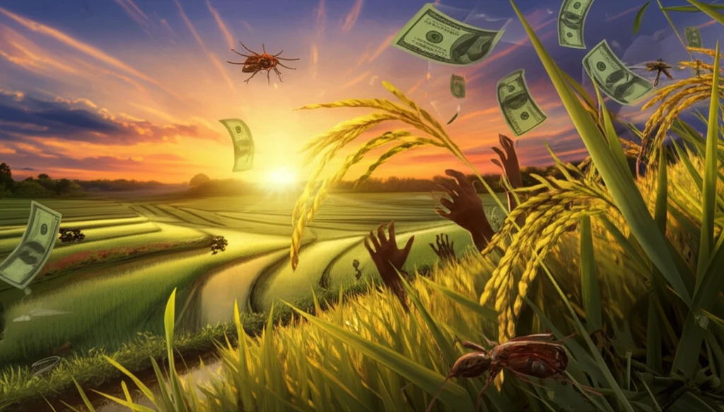 Rice paddies in Ghana at sunset symbolizing challenges and opportunities for farmers.