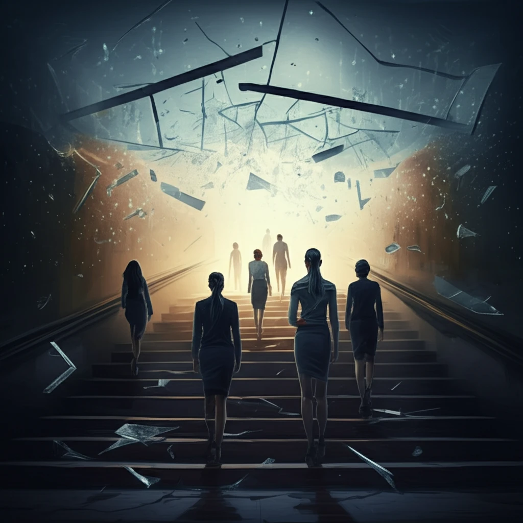 Diverse group of women breaking through a glass ceiling in public administration.