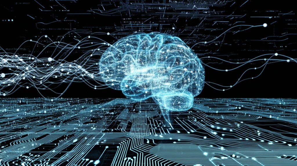 Surreal digital illustration of interconnected data streams flowing into a giant neural network, representing Big Data and Deep Learning.