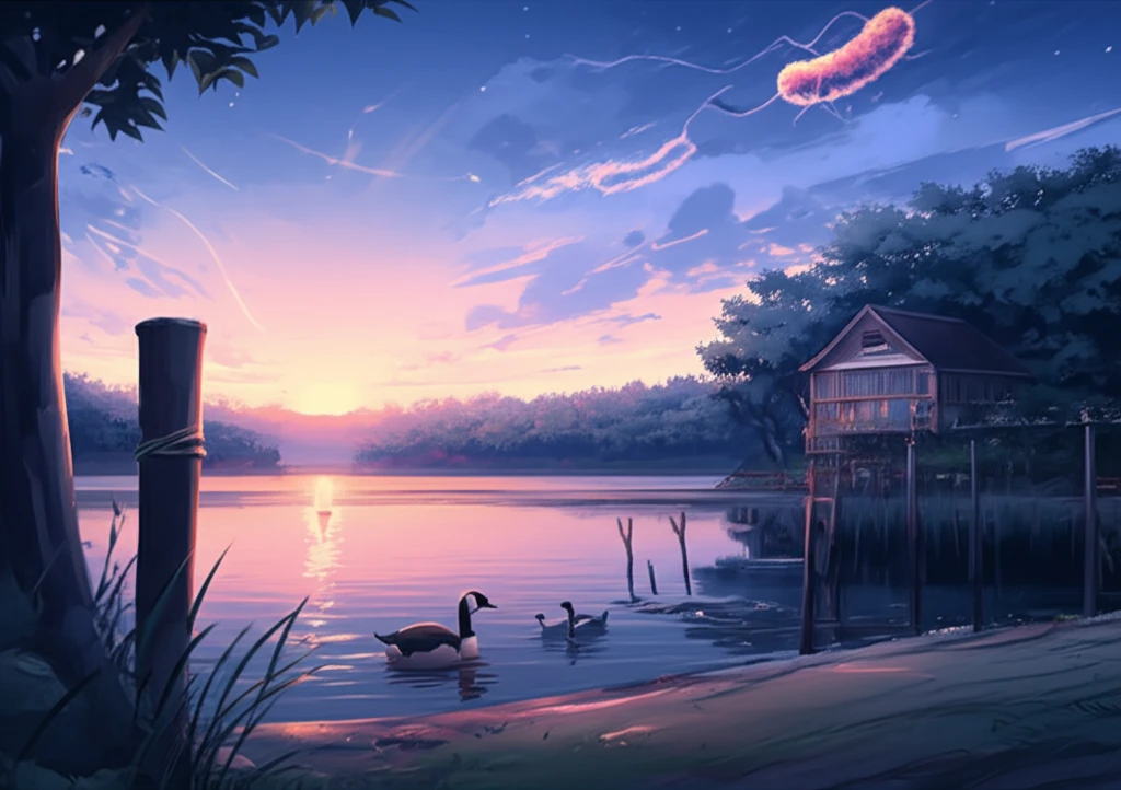 Serene lake beach with geese and subtle bacteria visualizations