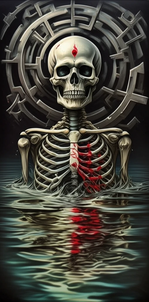 Skeleton partially submerged in polluted water, symbolizing the impact of heavy metals on bone health.