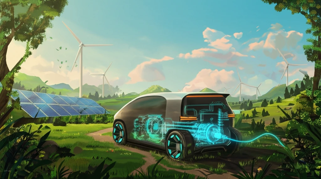 Futuristic electric vehicle powered by an Integrated Starter-Generator System in a green landscape.