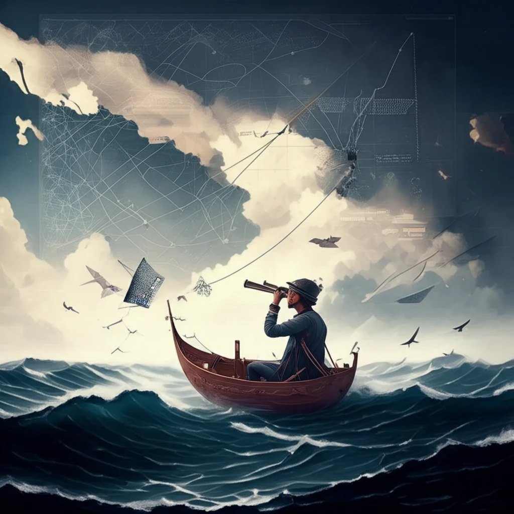 A person using a telescope to navigate a stormy sea with economic charts in the clouds.
