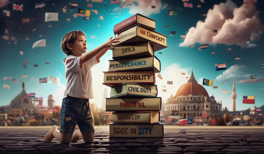 A child constructs a tower of books representing non-cognitive skills, symbolizing the blend of culture and education.