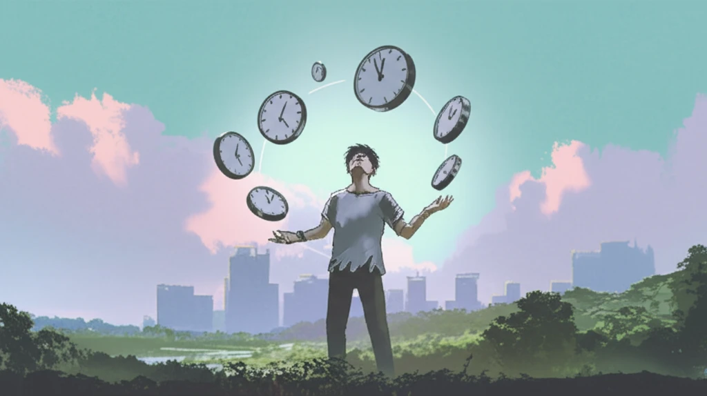 Digital illustration of a person juggling clocks, symbolizing effective time management.