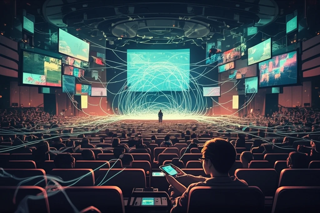 A person live tweeting at a conference, connected to a global network via social media.