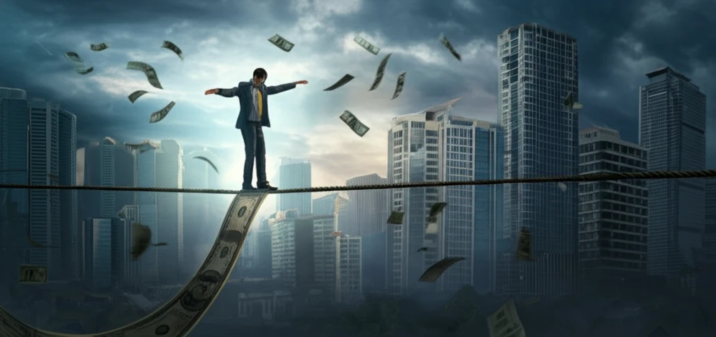 Tightrope walker balances on money rope with stormy sky background.
