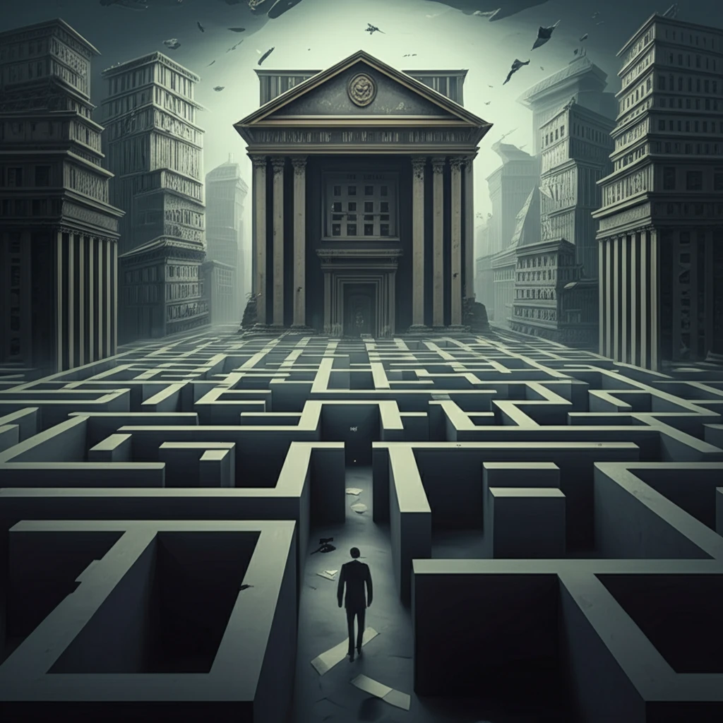 Maze of banks symbolizing borrower's search for competitive loan rates.