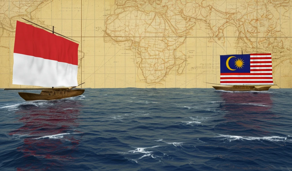 Ships sailing parallel, representing Indonesia and Malaysia, amidst nautical charts.