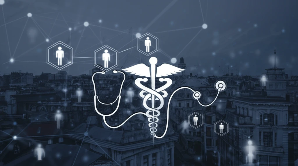 Interconnected cityscape representing healthcare, human rights, and social security in Europe.