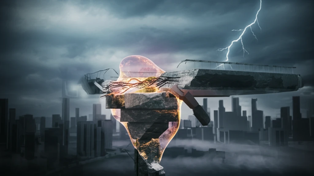 Cracked concrete bridge with glowing gel, symbolizing Alkali-Silica Reaction (ASR).