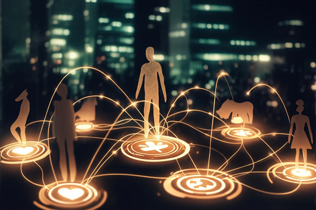 Diverse group of people connected to charitable icons, symbolizing cause-related marketing.