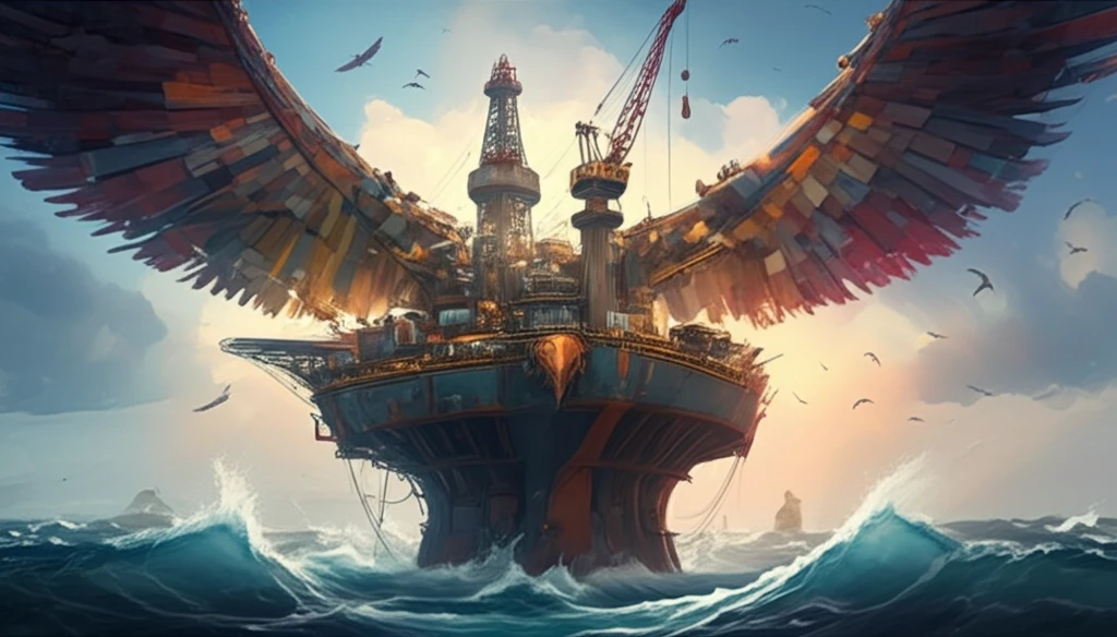 Oil rig transforming into a phoenix, representing resilience and agility.