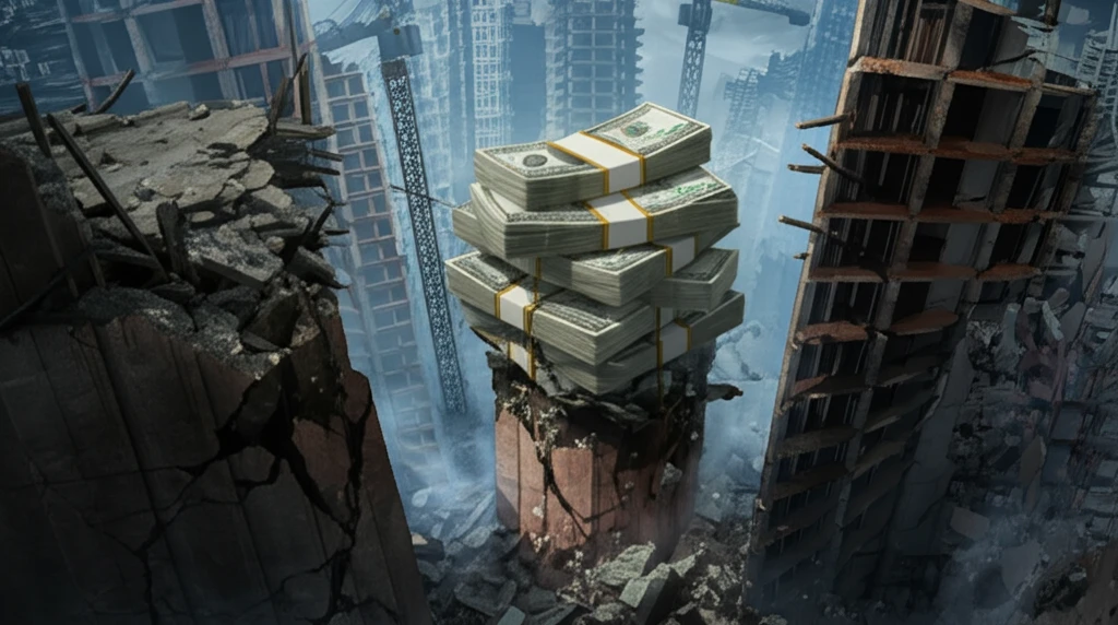 Construction site with crumbling foundations propped up by money, symbolizing corruption.