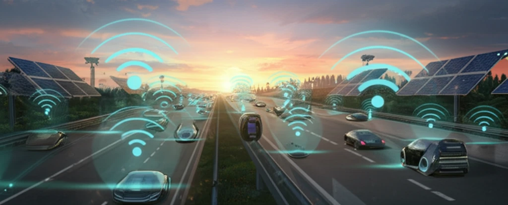 Futuristic highway with solar-powered road side units enabling wireless communication between vehicles.