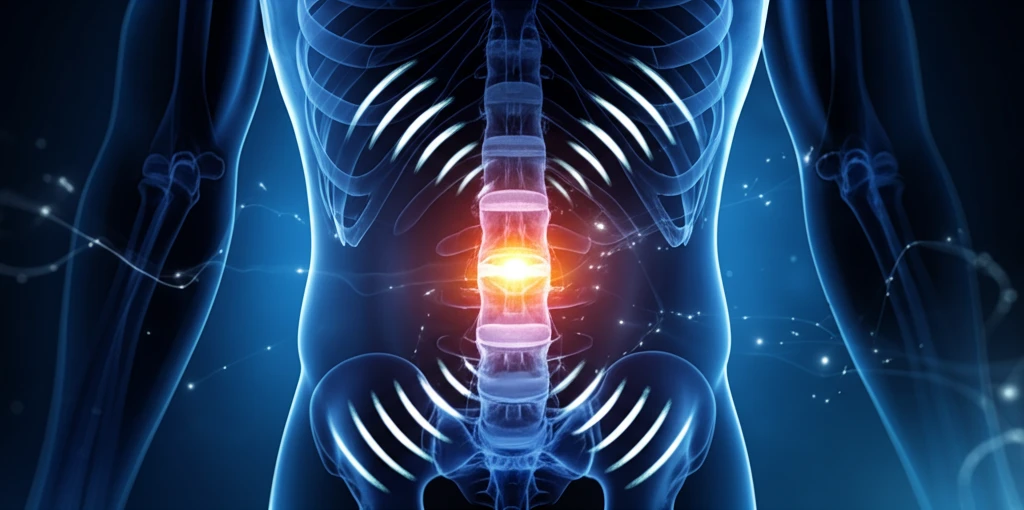 Surreal illustration of radiofrequency denervation offering lower back pain relief.